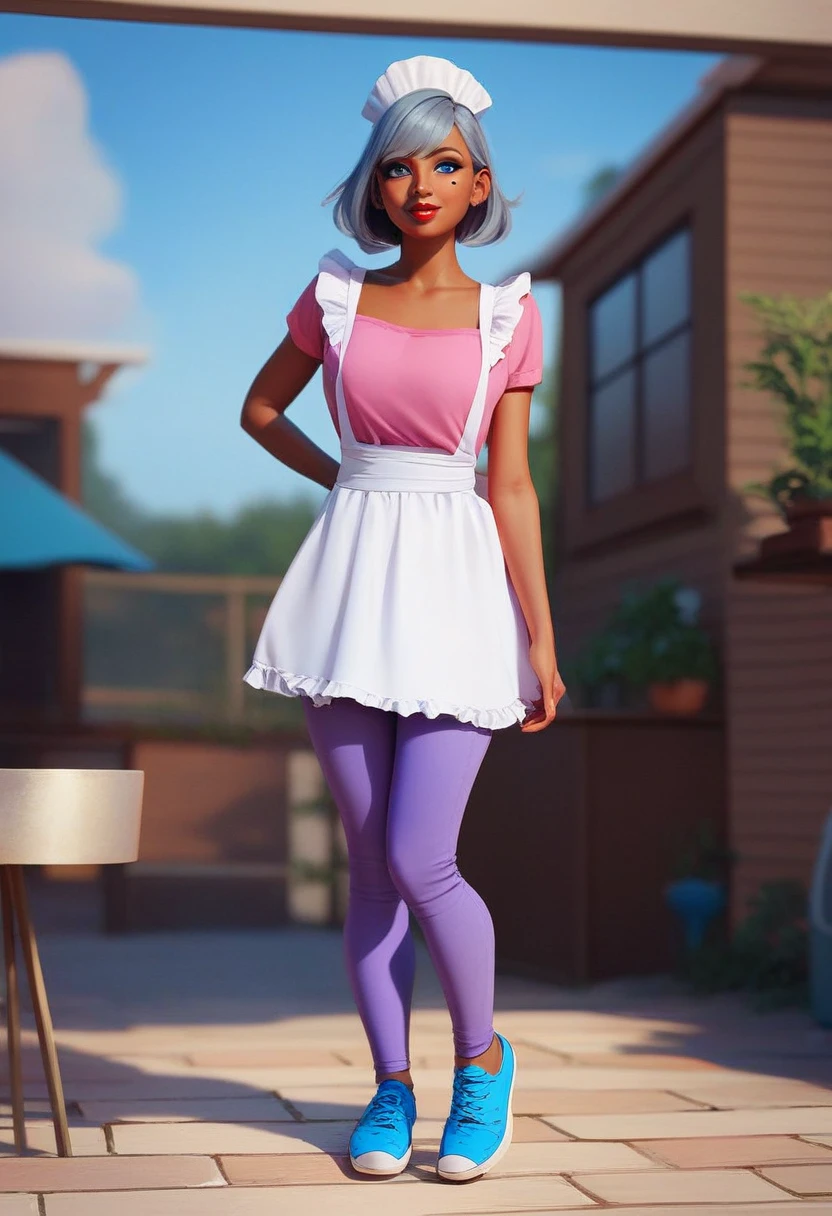 barbara, 1girl, full body, solo, blue eyeshadows, blue eyes, red lipstick, big red lips, grey hair, pink shirt with a white apron, purple pants, blue shoes, semi dark skin, mole on right cheek, middle aged-woman
