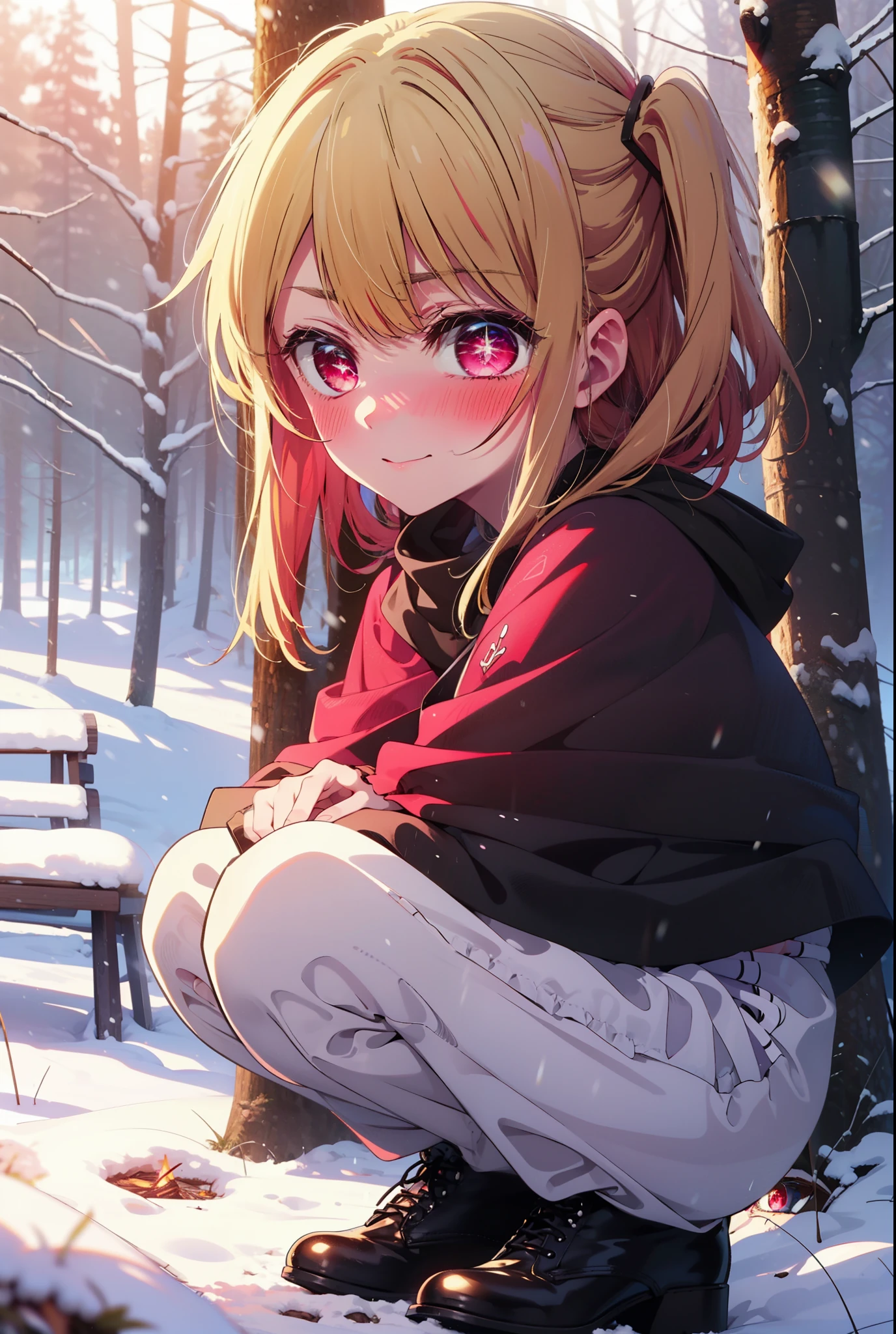 rubyhoshino, Hoshino Ruby, Long Hair, bangs, blonde, (Pink Eyes:1.3), Side Lock, (Symbol-shaped pupil:1.5), Multicolored Hair, Two-tone hair, smile,,smile,blush,white breath,
Open your mouth,snow,Ground bonfire, Outdoor, boots, snowing, From the side, wood, suitcase, Cape, Blurred, , forest, White handbag, nature, Squat, Mouth closed, Cape, winter, Written boundary depth, Black shoes, red Cape break looking at viewer, Upper Body, whole body, break Outdoor, forest, nature, break (masterpiece:1.2), Highest quality, High resolution, unity 8k wallpaper, (shape:0.8), (Beautiful and beautiful eyes:1.6), Highly detailed face, Perfect lighting, Extremely detailed CG, (Perfect hands, Perfect Anatomy),