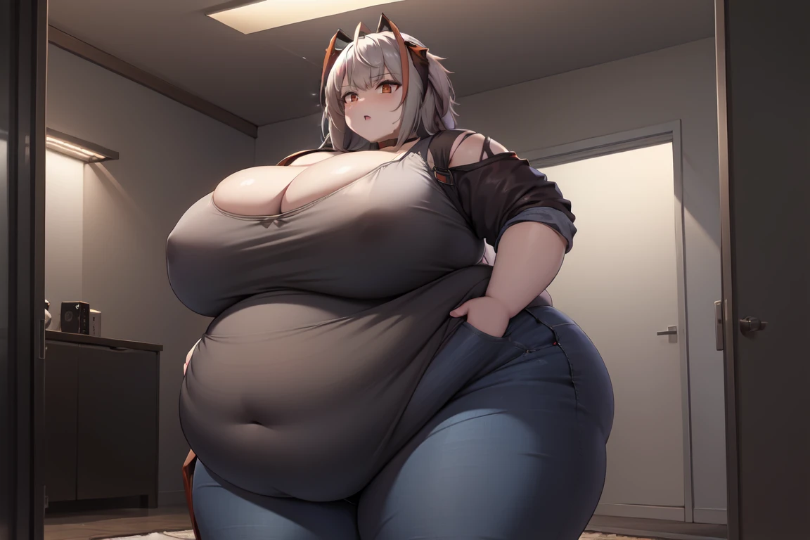 w_arknights, wide hips, torn clothes, massive hips, jeans, apartment, glass walls, big cleavage