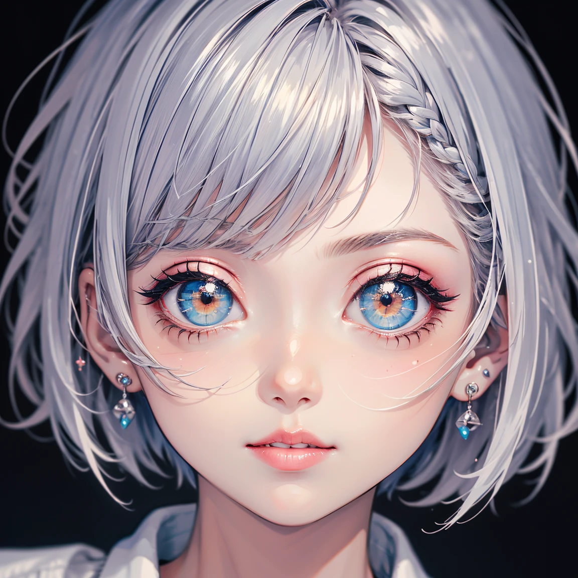 (highest quality, masterpiece), One girl, beautiful girl, Brown_eye, ((hair color [Silver hair], [Pixie cut with front hair] hair)), Earrings, lips, Short sleeve,Realistic, Tight waist, Charm, Colorful Makeup, Long eyelashes, Fair skin, (cute), (Detailed face), Detailed eye, Detailed iris, 