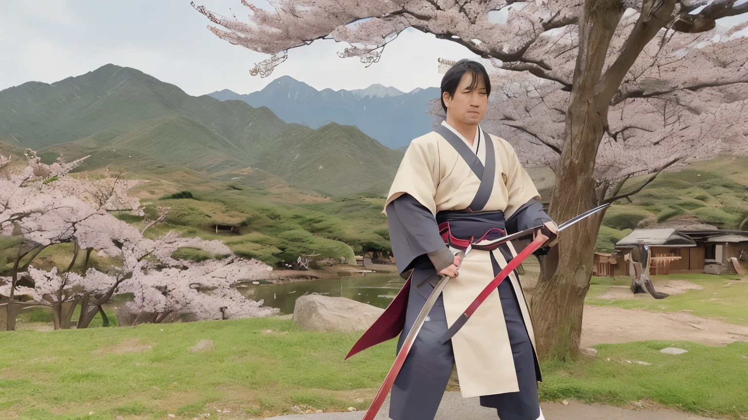 Close-up of a person holding a sword and katana, noriyoshi, Authentic, Authentic shiro, Japanese Warrior, Onmyoji portrait, warrior, Full body close-up shot, jin kagetsu, Loading screen, From the Sengoku period, sosaku hanga, shikanosuke yagaki、High resolution、live-actionのようにリアルな画像、The background is cherry blossoms、live-action、A scene from a movie、Shooting with a telephoto camera、Weather: Sunny、So beautiful