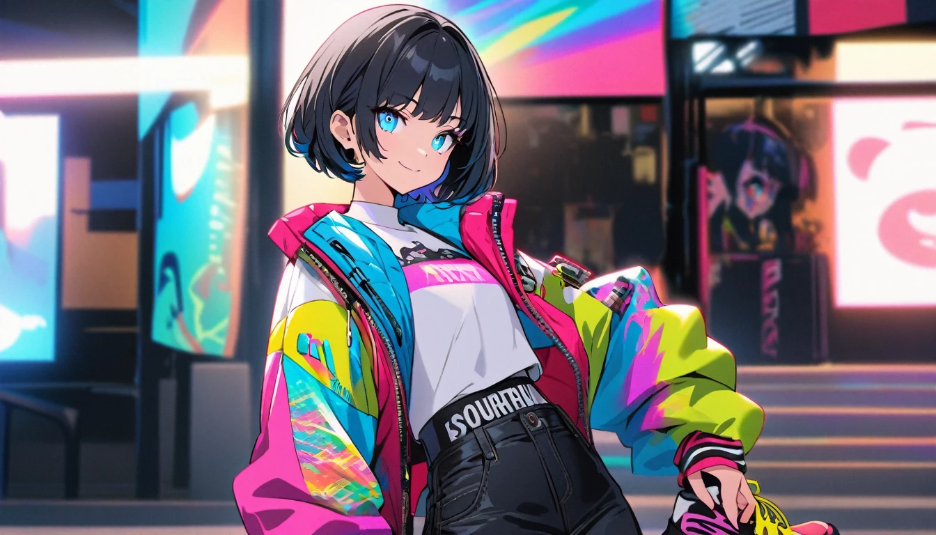 one Beautiful girl, solo, gentle smile on her face flat chest, short hair, black hair, blue eyes, (detailed eyes),Urban Fashion,Streetwear , Vibe,Colorful Clothing,Casual Pose,Bold Accessories,Graphic Jacket,High-waisted Pants,Sneaker