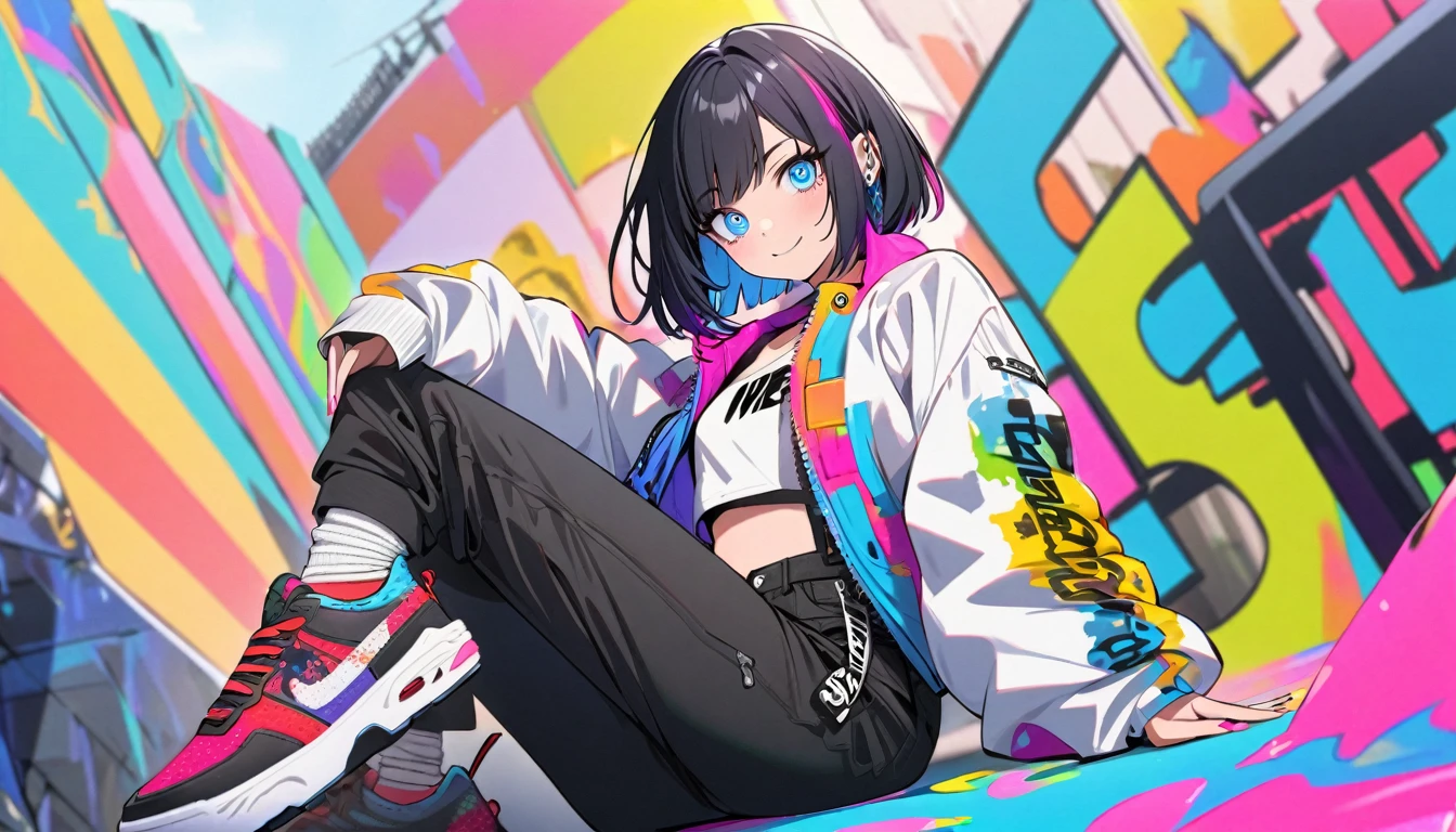 one Beautiful girl, solo, gentle smile on her face flat chest, short hair, black hair, blue eyes, (detailed eyes),Urban Fashion,Streetwear , Vibe,Colorful Clothing,Casual Pose,Bold Accessories,Graphic Jacket,High-waisted Pants,Sneaker