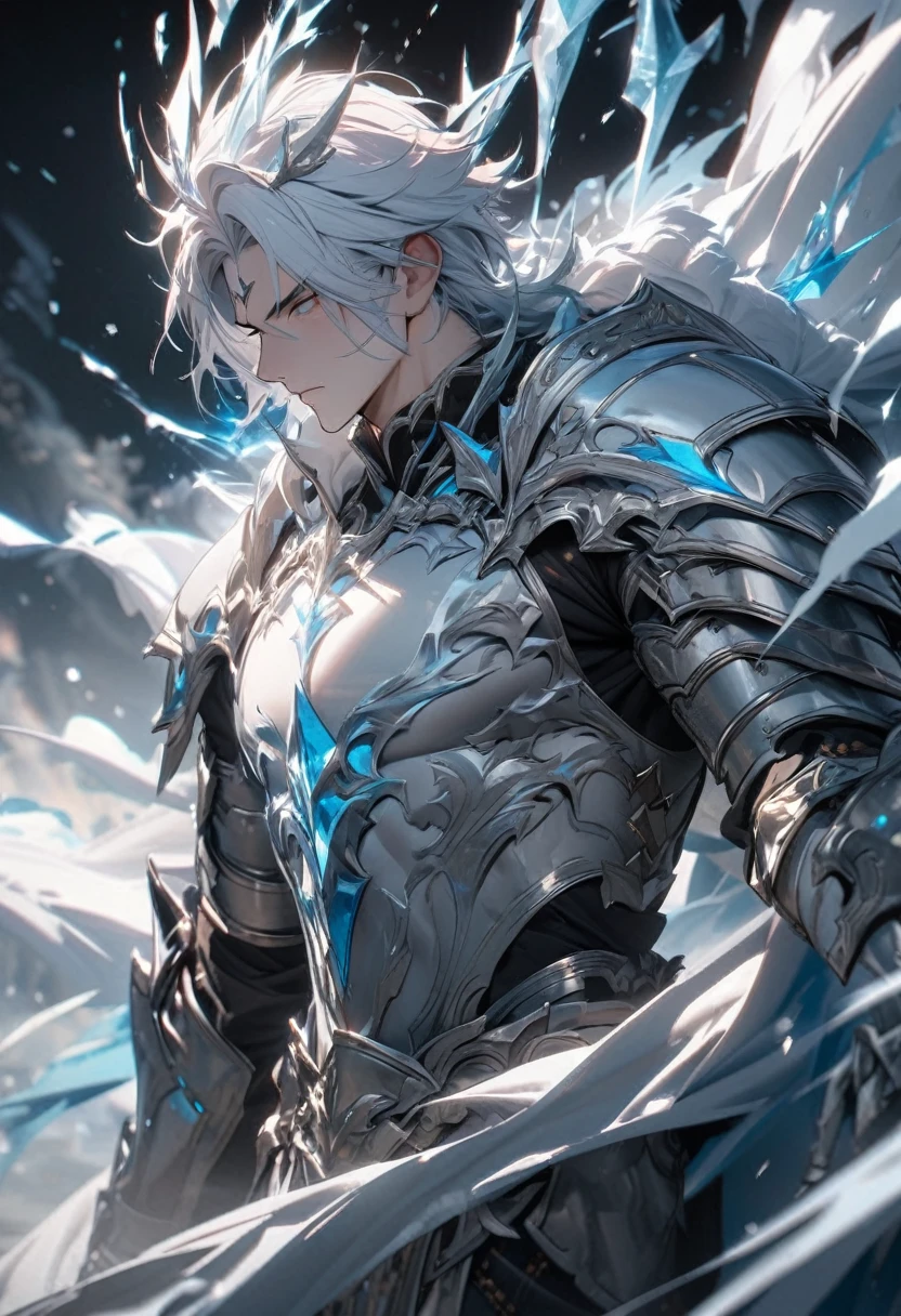 masterpiece, 8k, best quality, highly detailed, a male human warrior wearing a pair of white metal gauntlets that emanate an aura of frost