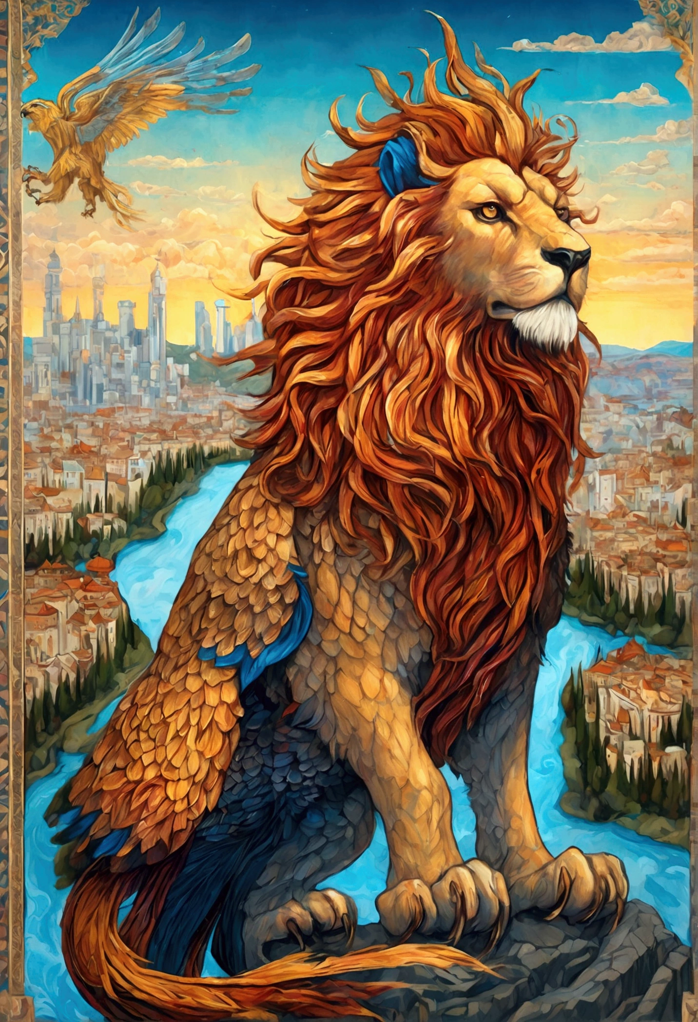 Highly detailed fantasy illustration featuring a fiery lion with blue flames for a mane, a majestic golden eagle with piercing eyes, and a golden city against a clear blue sky. Inspired by Slavic mythology and painted in the style of Ivan Bilibin, this artwork is full of intricate details and vibrant colors. (long shot), realistic painting, trending on DeviantArt.