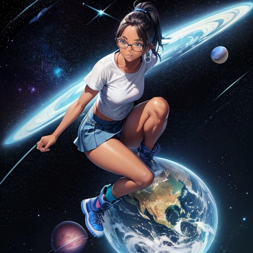 One girl, dark skin, Small breasts, wears thick-framed glasses that accentuate his facial features, Short Hair, Ponytail and gray, Silver Shirt, She is wearing another tight shirt underneath her shirt, Vibrant color details reminiscent of stars and planets in space, Blue skirt and high-top boots with non-slip soles,