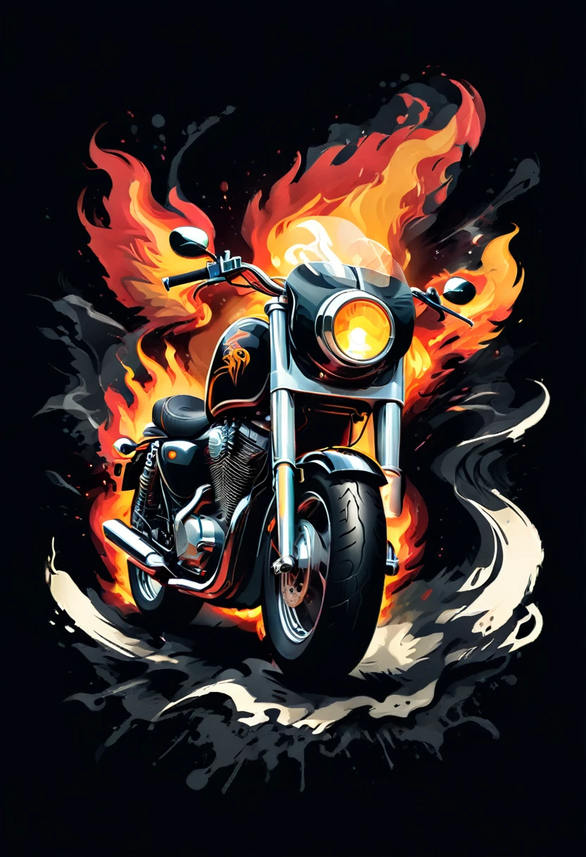 T-shirt Design T-shirt Design for bikers with engine and decorative flames and Banners and Texts Colorful illustration Isolated on black background, t shirt design,robust style,just design,White background,no model,proffesional,hight contrast,high resolution,ultra detali,bright coloured,metallic details,sharp focus,Jumpy,dynamic composition,gritty texture,rough brushstrokes,Mechanical elements,Chrome Effect,classic typography,retro style,distressed look,aggressive lines and curves,3D rendering,impressive visual impact,dark shadows,strong brand presence,monochrome palette,Industrial aesthetics