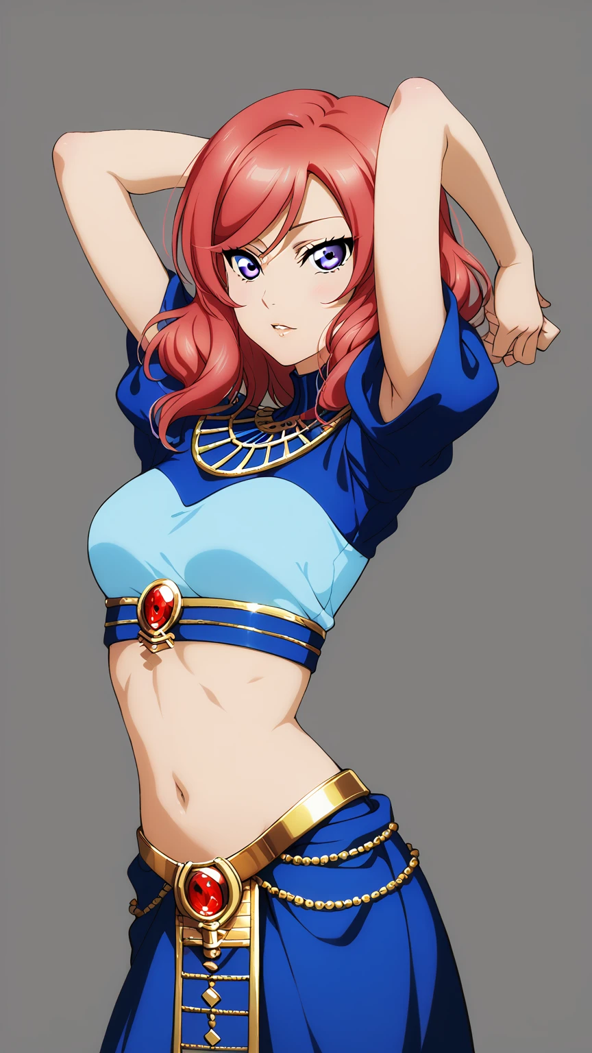 masterpiece, best quality,solo, hair over eyes,nishikino maki,red hair, purple eyes,form-fitting light blue dress , simple background , medium breasts ,midriff peak, Egypt queen , arms up, medium hair