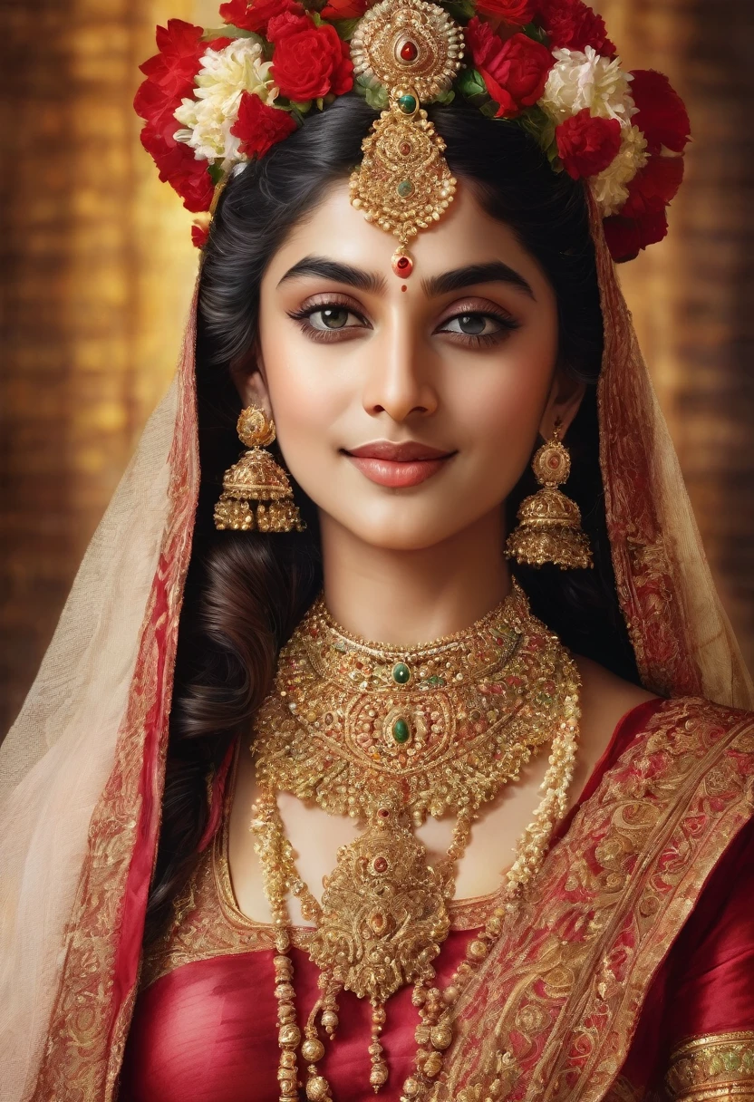 Masterpiece, Best quality, high clarity eyes, beautifully styled hair, critically flawless,sharp picture, Full body portrait, High pixels, perfect face, perfect eyes, beautiful face, perfect hands,perfect fingers, in Peter Paul Rubens style, by Peter Paul Rubens, baroque style, acrylic on canvas, highly detailed, description: "Create a  goddess with greenish skin inspired by the tales of Indian mythology with a crescent moon adorned on her forehead. She has long hair, a smiling expression and intoxicated eyes, and wears a garland of kadamba flowers and various ornaments. She perspires a little around the face, which renders her even more beautiful. Below her navel are three horizontal folds of skin and a thin vertical line of fine hair.She is seated on a corpse throne and wears red garments, red jewellery She carries a skull in her left hand and a sword in her right hand"