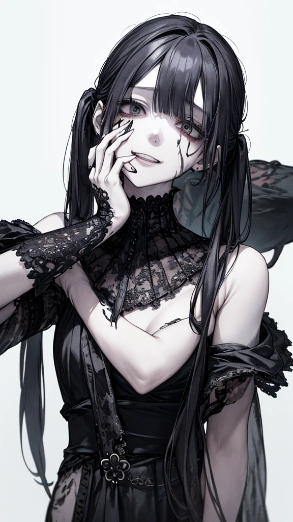 (masterpiece:1.2, Highest quality), (Actual Photos, Intricate details), (1 female, alone,whole body、Small breasts) ，Scary atmosphere、Distorted facial expressions、Blood splatter、Cuts on the face、burns on the face、whole body、Punk Fashion、Long Hair、Long Bangs、Twin tails、Black Hair、（（（Dark circles under the eyes）））、Pale skin、Feeling unwell、Pathological、Wicked Smile、Crazy eyes、（Grin）Dramatic makeup，Create mixed media art、White Background