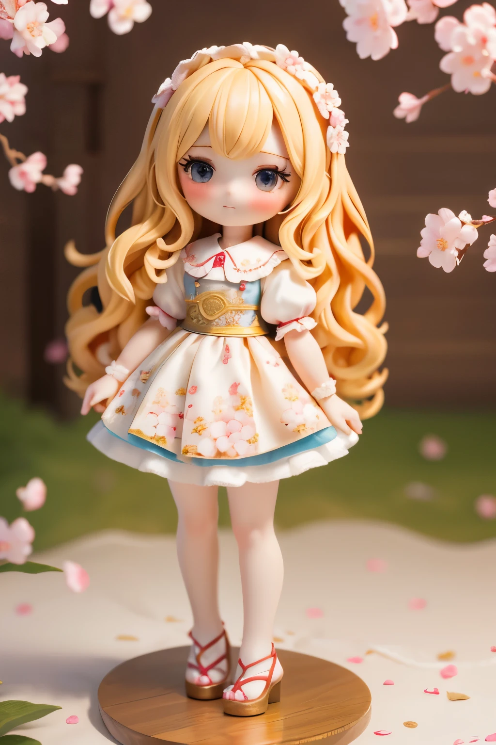 Porcelain doll standing in front of a painting、golden blonde hair、Casual Fashion、(Highly detailed illustration)、Flowing cherry-colored silk、Cherry blossom petals、Flowing cherry blossom silk、Strong bokeh、Changing Seasons!!