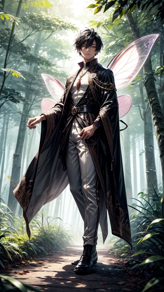 a handsome Indonesian male fairy, short black hair, muscular, pale skin, full body, fairy wings like a butterfly, complex situation, in the forest, leaves blowing in the wind, flying between the trees