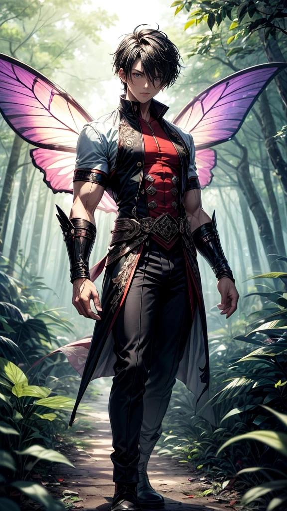 a handsome Indonesian male fairy, short black hair, muscular, pale skin, full body, fairy wings like a butterfly, complex situation, in the forest, leaves blowing in the wind, flying between the trees