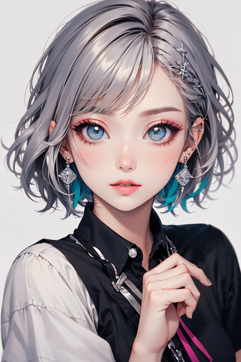 (highest quality, masterpiece), One girl, beautiful girl, Brown_eye, ((hair color [Silver hair], [Pixie cut with front hair] hair)), Earrings, lips, Short sleeve,Realistic, Tight waist, Charm, Colorful Makeup, Long eyelashes, Fair skin, (cute), (Detailed face), Detailed eye, Detailed iris, 