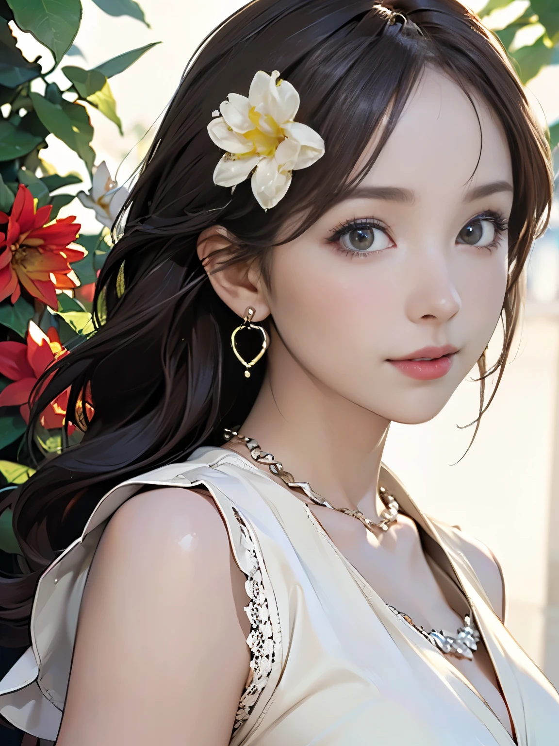(One Girl:1.3), Cinematic Light, (Tabletop, highest quality, highest quality, beautifully、aesthetic:1.3), Very detailed,Best details,(Very detailed),, From above,(( Lying in bed)), alone, chest, Silky long hair, (Brown Hair), Roses were scattered in the flowerbed., ((suit)), ((shirt)), Open chest,Big chest,Accurate finger drawing,Anatomically correct hand