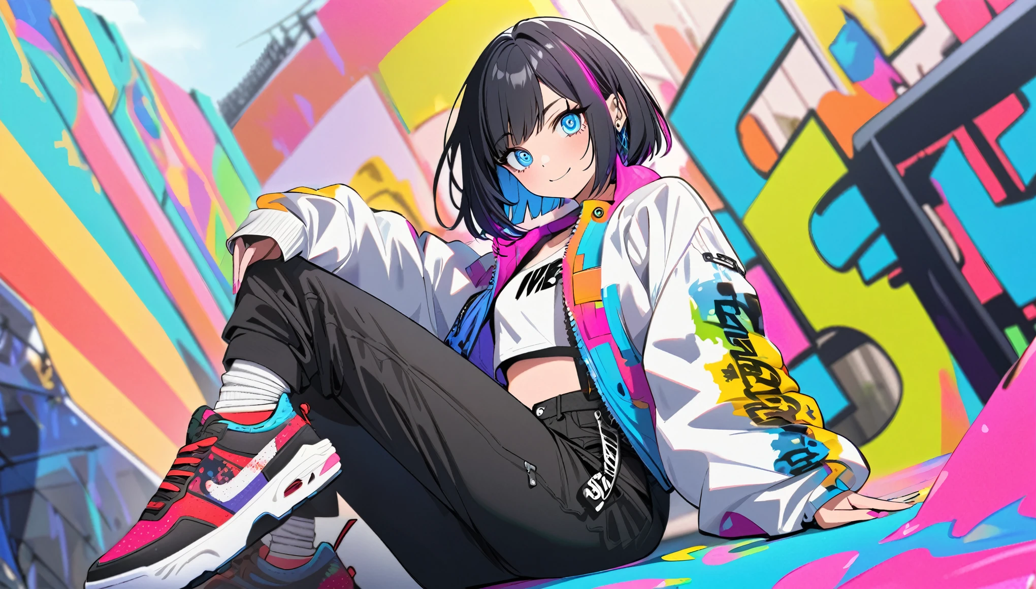 one Beautiful girl, solo, gentle smile on her face flat chest, short hair, black hair, blue eyes, (detailed eyes),Urban Fashion,Streetwear , Vibe,Colorful Clothing,Casual Pose,Bold Accessories,Graphic Jacket,High-waisted Pants,Sneaker