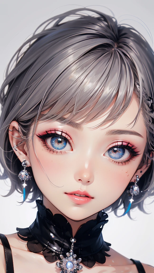 (highest quality, masterpiece), One girl, beautiful girl, Brown_eye, ((hair color [Silver hair], [Pixie cut with front hair] hair)), Earrings, lips, Short sleeve,Realistic, Tight waist, Charm, Colorful Makeup, Long eyelashes, Fair skin, (cute), (Detailed face), Detailed eye, Detailed iris, 