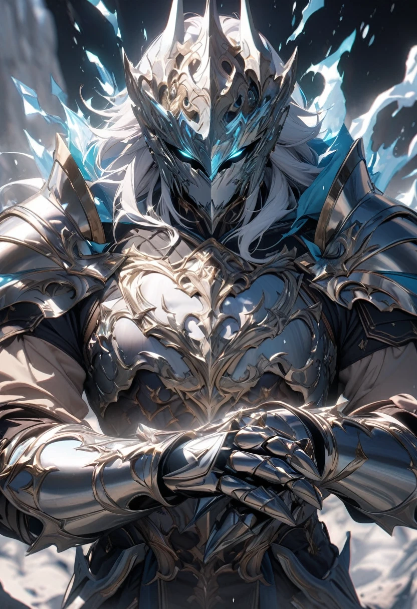 masterpiece, 8k, best quality, highly detailed, a male human warrior wearing a pair of white metal gauntlets that emanate an aura of frost