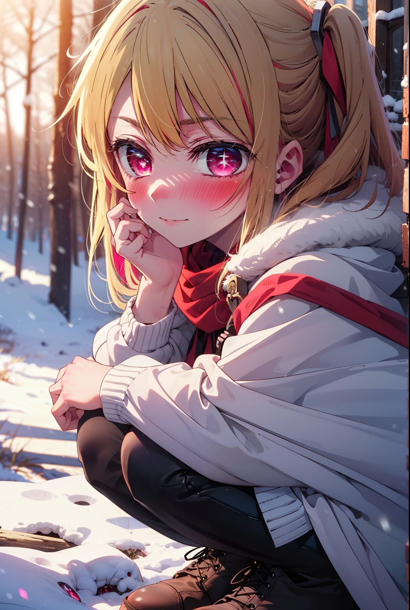 rubyhoshino, Hoshino Ruby, Long Hair, bangs, blonde, (Pink Eyes:1.3), Side Lock, (Symbol-shaped pupil:1.5), Multicolored Hair, Two-tone hair, smile,,smile,blush,white breath,
Open your mouth,snow,Ground bonfire, Outdoor, boots, snowing, From the side, wood, suitcase, Cape, Blurred, , forest, White handbag, nature,  Squat, Mouth closed, Cape, winter, Written boundary depth, Black shoes, red Cape break looking at viewer, Upper Body, whole body, break Outdoor, forest, nature, break (masterpiece:1.2), Highest quality, High resolution, unity 8k wallpaper, (shape:0.8), (Beautiful and beautiful eyes:1.6), Highly detailed face, Perfect lighting, Extremely detailed CG, (Perfect hands, Perfect Anatomy),