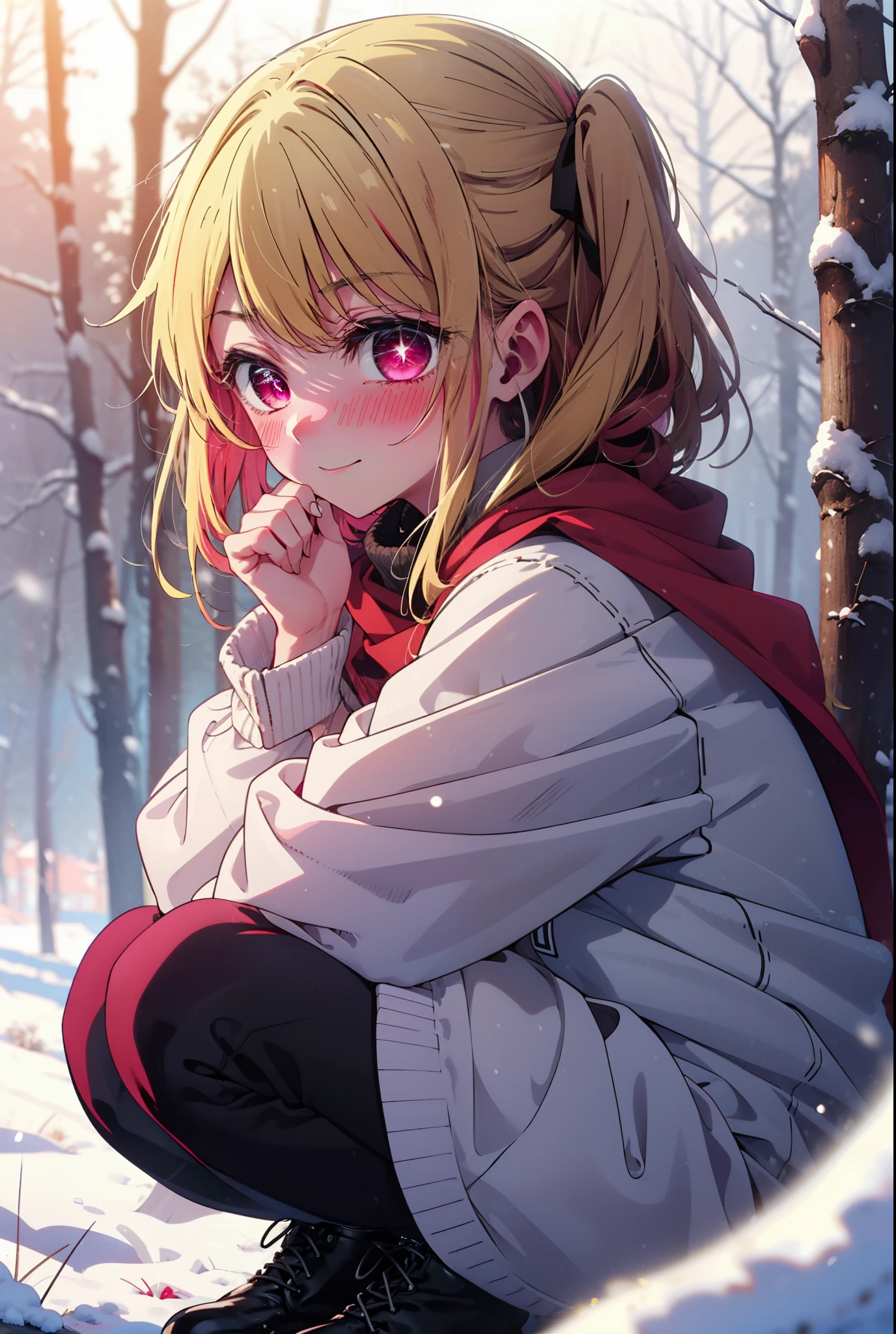 rubyhoshino, Hoshino Ruby, Long Hair, bangs, blonde, (Pink Eyes:1.3), Side Lock, (Symbol-shaped pupil:1.5), Multicolored Hair, Two-tone hair, smile,,smile,blush,white breath,
Open your mouth,snow,Ground bonfire, Outdoor, boots, snowing, From the side, wood, suitcase, Cape, Blurred, , forest, White handbag, nature,  Squat, Mouth closed, Cape, winter, Written boundary depth, Black shoes, red Cape break looking at viewer, Upper Body, whole body, break Outdoor, forest, nature, break (masterpiece:1.2), Highest quality, High resolution, unity 8k wallpaper, (shape:0.8), (Beautiful and beautiful eyes:1.6), Highly detailed face, Perfect lighting, Extremely detailed CG, (Perfect hands, Perfect Anatomy),