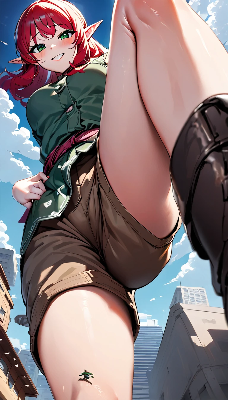 1 female elf with long red hair, emerald green eyes, green top and brown cargo shorts and black Doc Martens, trampling,(pov from below:1.3), stepped on, ass pov, low angle, feet, looking to the down, one foot out of frame, Leg raise, focus on the sole of her shoe, standing on one leg, Depth of field, plein-air,( foreshortening:1.2), facial blur, mischievous grin, tiny people running in fear, blurry face, building, citys, sky, nube, giantess, mega size, work of art, best qualityer, absurdly detailed