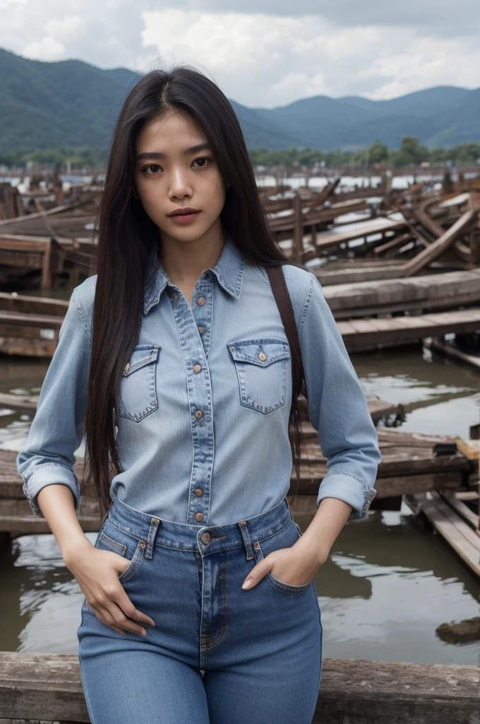 Thai women, Slim perfect figure、View the viewer, Long Hair, shirt, jeans, cloud, Day, null,Outdoor, Post-apocalyptic, Remains, scenery, wood, water,