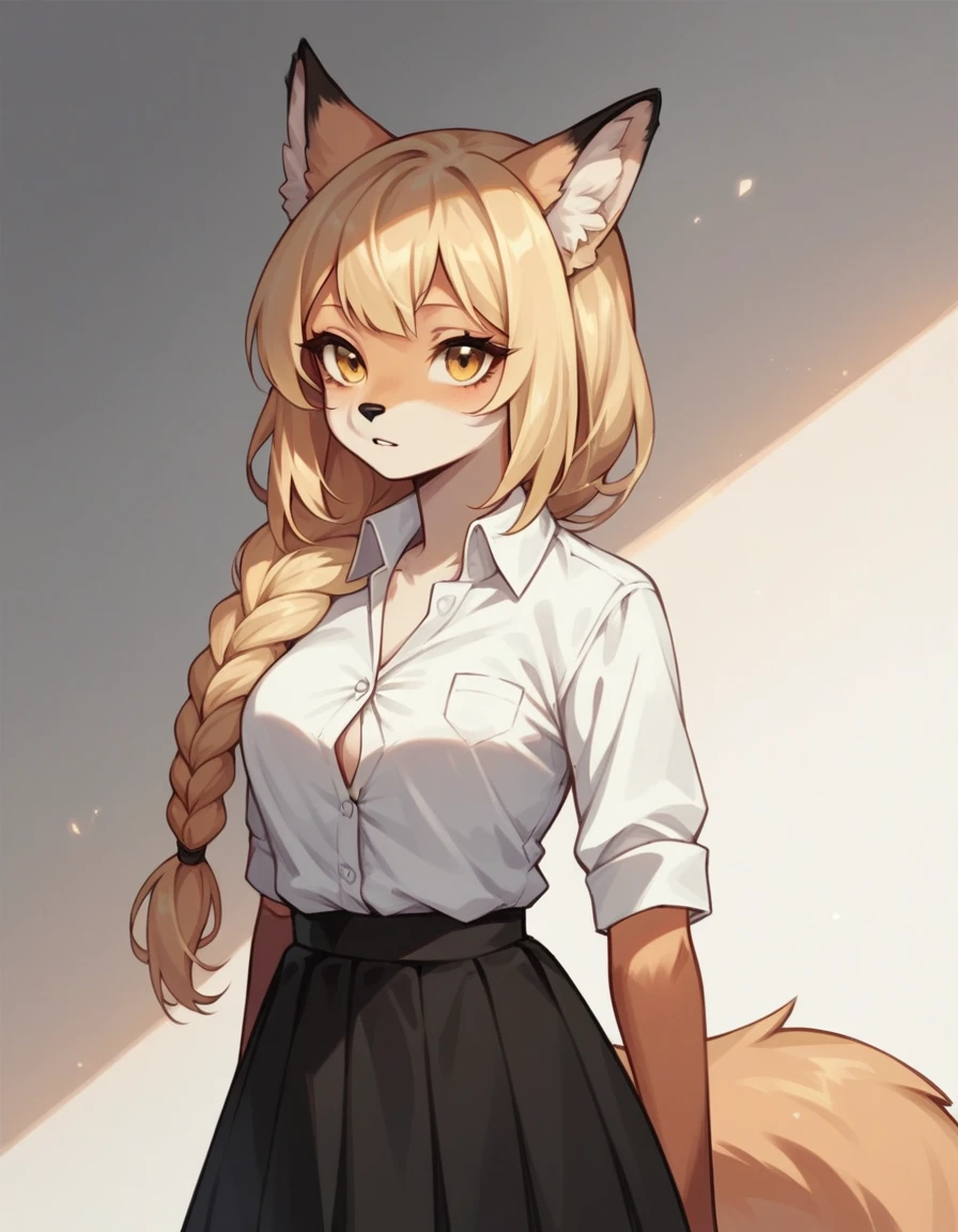 score_9,score_8_up,score_7_up, Anthro, light yellow anthro furry fox girl, young fox girl, long blonde hair, single braided hair, yellow eyes, snout, black nose, blonde furry body, fox ears and tail, wearing white button up shirt, black skirt