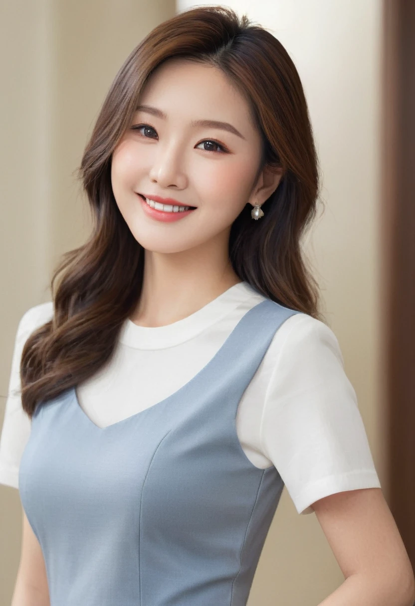 One Japanese woman, Housewife in her 30s、upper body shot、, Detailed face, Captivating smile, Detailed eyes, Thick chest, Smooth Skin, Light brown hair、Straight long hair、White teeth、A tight fitting plain white T-shirt, Gray-blue long skirt, Wearing high heels、Looking at the audience, Low angle shot,(8k, RAW Photos, Highest quality, masterpiece: 1.2), (Realistic, Realistic: 1.37), Ultra-high resolution