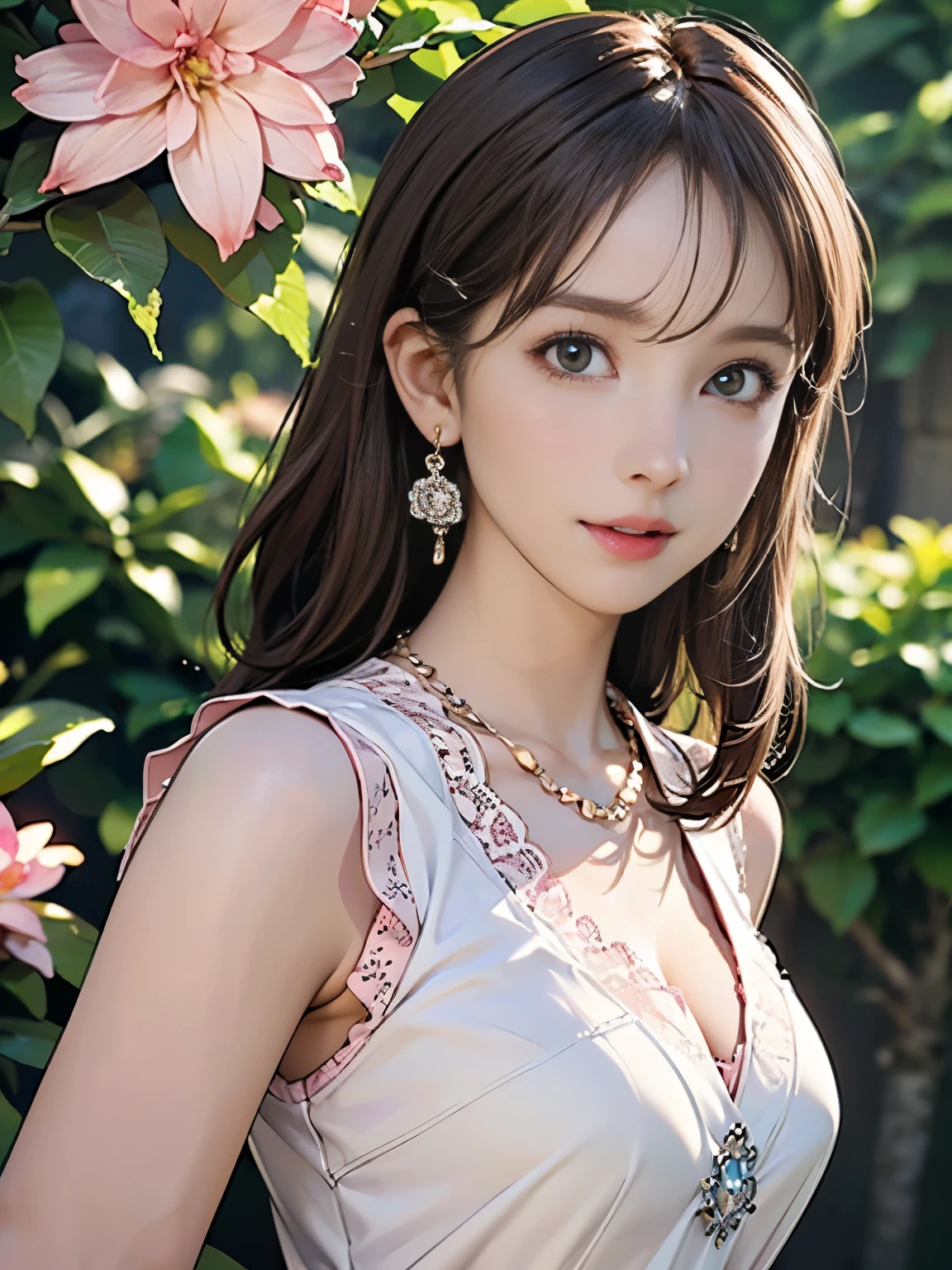 ((((Highest quality))))、(((Ultra-precision CG16K wallpaper)))、(((masterpiece)))、(((Super detailed)))、(((Extreme detail)))、((１Mature 29 year old woman:1.6))、((Very beautiful Japan face of a person))、((Urizane Face:1.8))、((Medium Straight Hair:1.6))、(Shiny Hair)、A delicately drawn beautiful face、(Dark Eyes、Detailed pupil and iris、Reflected light from the eye)、double eyelid、High nose、Small nostrils、Small Mouth、Seductive lips、Beautiful breasts、((B cup size breasts))、Cleavage、eight-headed body、Perfect proportions、Perfect Anatomy、Perfect composition、Beautiful detailed shading、Beautiful, natural lighting、Beautiful detail glow、Depth of written boundary、(((High chroma)))、(((Real:1.9)))、((vivid:1.5))、((Beautiful Skin))、((Skin Texture))、((Realな皮膚感))、(((Bust Shot:1.6)))、(((front view、shoot from front、front low angle:1.6)))、(((Half-open mouth、Surprised face:1.4)))、(((looking at camera:1.6)))、Bright daylight、Natural light、(((background_Flower Garden:1.5)))、(Standing pose:1.6)、(((Light pink sleeveless lace blouse:1.6)))、((necklace、Wearing earrings:1.5))、