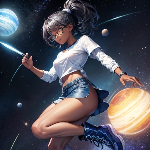 One girl, dark skin, Small breasts, wears thick-framed glasses that accentuate his facial features, Short Hair, Ponytail and gray, Silver Shirt, She is wearing another tight shirt underneath her shirt, Vibrant color details reminiscent of stars and planets in space, Blue skirt and high-top boots with non-slip soles,Holding a knife