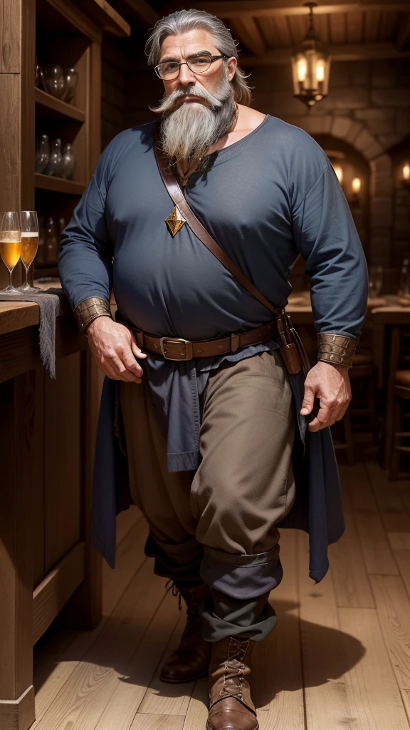 medieval fantasy, stout and robust old man in his forties, commanding presence, greying (dark brown hairs), groomed beard, distinguished appearance, piercing blue eyes, pair of well-worn spectacles, comfortable casual attire, loose dark blue tunic with gold accents, well-fitted trousers and sturdy boots, in a tavern