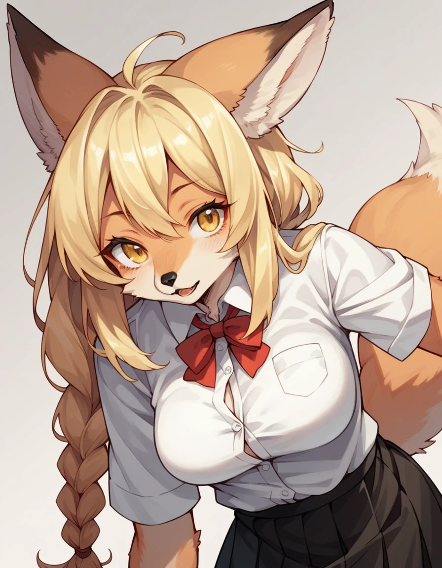 score_9,score_8_up,score_7_up, Anthro, kemono style, light yellow anthro furry fox girl, long blonde hair, single braided hair, yellow eyes, snout, black nose, blonde furry body, fox ears and tail, wearing white button up shirt, black skirt