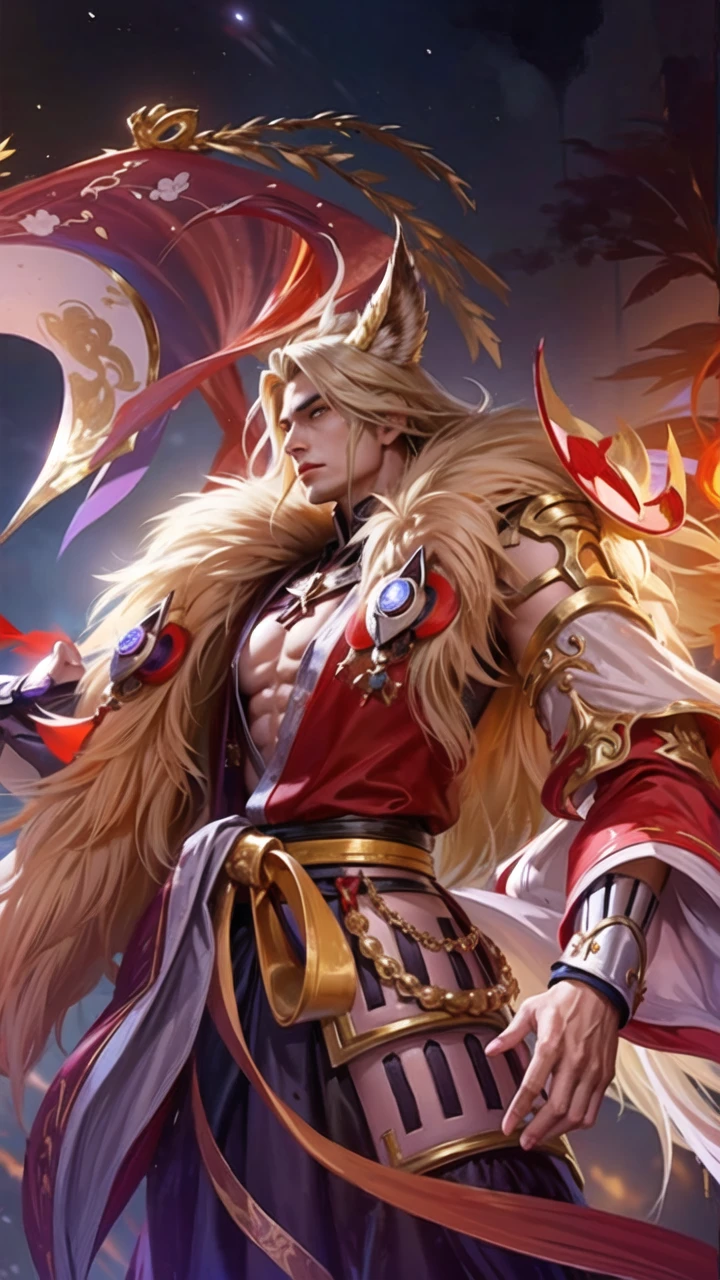 (Martial arts style works),(quality),(height),(Detailed background of a young boy.),(fire),(beautiful),(Wear a red dress.),(Big muscles)(light and shadow),(1 man),(ornamentation),(Chinese anime subtitles),(One fire ring)