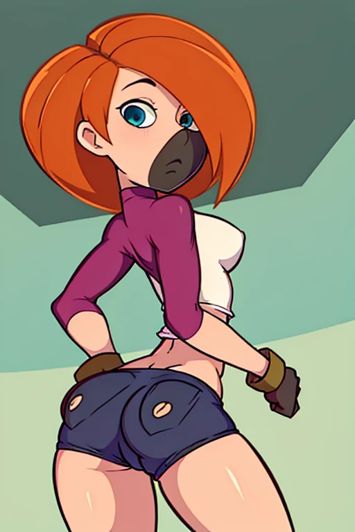 girl in spandex booty shorts, wearing oven mittens tucked in pockets, blindfold