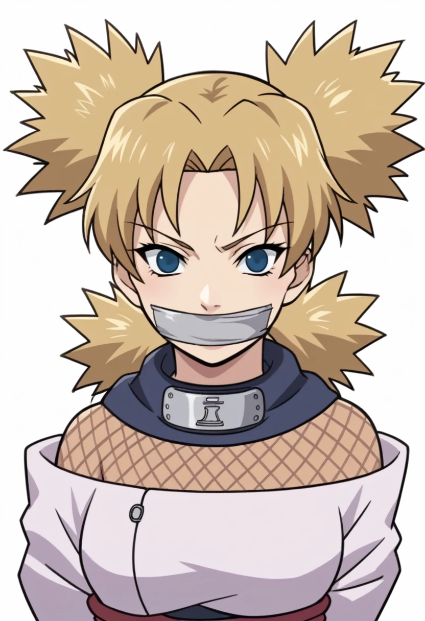 score_9, score_8_up, score_7_up, score_6_up, score_5_up, score_4_up, BREAK, source_anime, ytemari, 1girl, blonde hair, quad tails, blue eyes, fishnets, purple garment, sash, hands behind back, smile, upper body, looking at viewer, solo, simple background, white background, anime screencap, anime coloring, tape over mouth, gagged