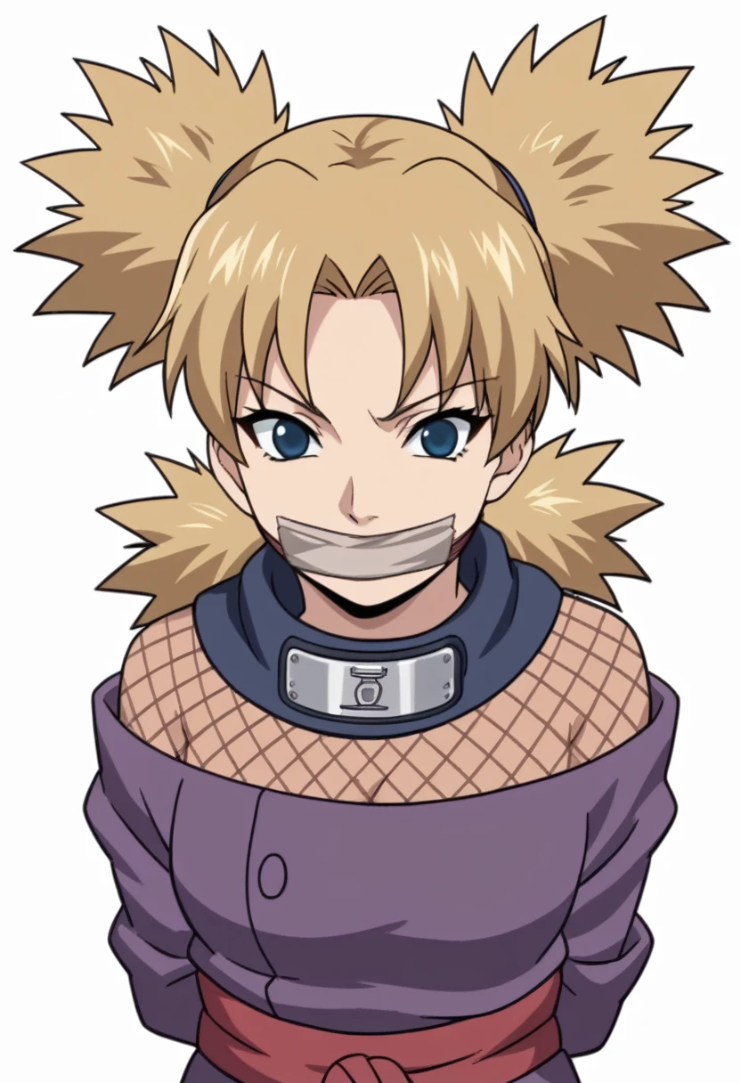 score_9, score_8_up, score_7_up, score_6_up, score_5_up, score_4_up, BREAK, source_anime, ytemari, 1girl, blonde hair, quad tails, blue eyes, fishnets, purple garment, sash, hands behind back, smile, upper body, looking at viewer, solo, simple background, white background, anime screencap, anime coloring, tape over mouth, gagged 