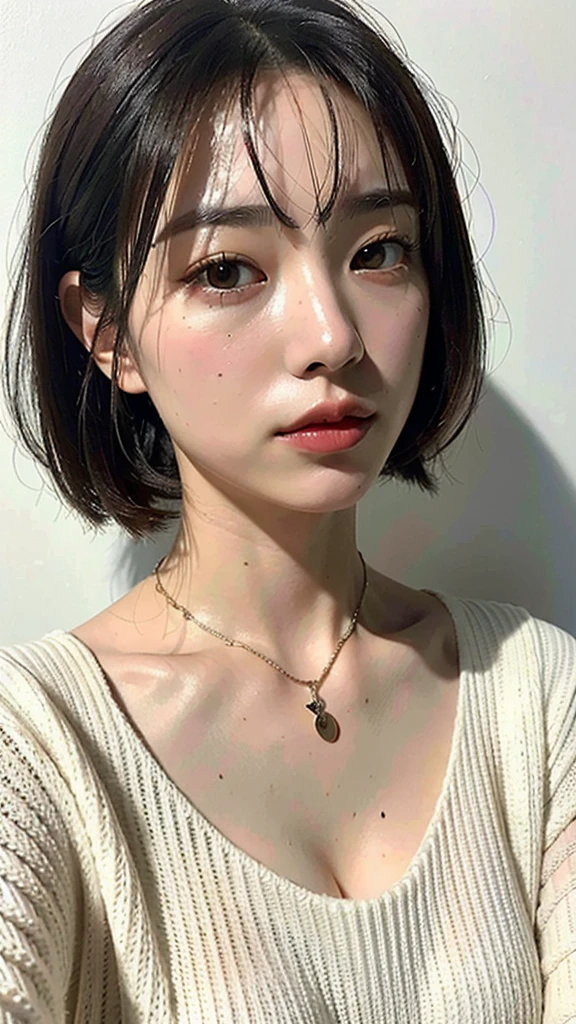 (Highest quality, 8k, 32K, masterpiece, Ultra-high resolution:1.2),Beautiful Japanese Women Photos, Large Breasts, Very short bob hair,Upper Body,Face Focus,Extra Large_sweater, necklace, Simple Background, From above, View your viewers,shrine