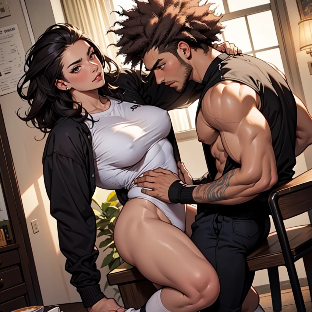 naked, tabletop,best qualityer,High details,1 boys,1 , with long hair and big breasts,The girl is naked,girl with black socks,1 boys,Afro man,men have muscles,the man seemed more intense,that boy looks very handsome,handsome man、handsome shape、A boy touches a woman's breast ,Girls are short,The boy is tall,Reflects the height difference between boys and girls,The height is 140 cm,A boy's height is 195 cm,A boy hugging one from the back,sit on a bed,The girls are thin,super gigantic chest