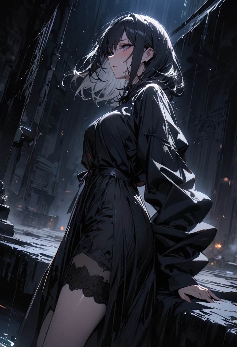 Highly detailed, High Quality, Masterpiece, beautiful, 1woman alone, night, (dark environment)
