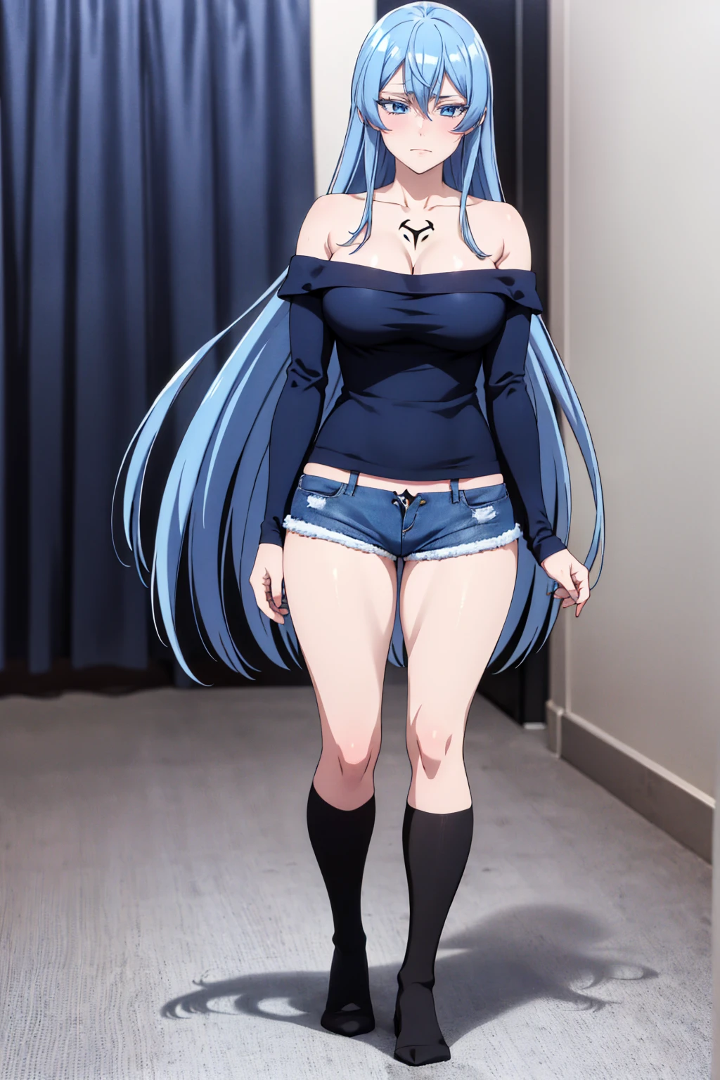 (artwork, best quality) a girl with long messy blue hair, blue eyes, blue eyelashes, blue denim mini shorts, long black stockings, off the shoulder top, standing, tattoo, perfect big body, 4k hd, upset, blushing, in a room, (full body)