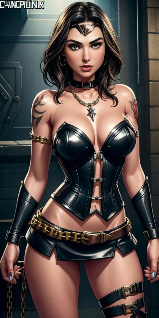GAL GADOT, beautiful woman, chain corset, chain miniskirt, ((Chainpunk)), belts and straps, chains, piercings, tattoo's, shorth hair