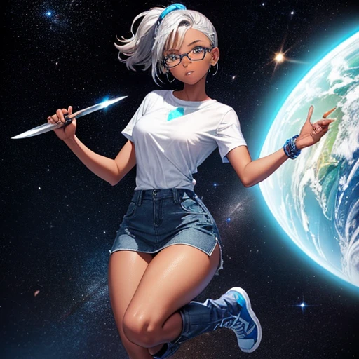 One girl, dark skin, Small breasts, wears thick-framed glasses that accentuate his facial features, Short Hair, Ponytail and gray, Silver Shirt, She is wearing another tight shirt underneath her shirt, Vibrant color details reminiscent of stars and planets in space, Blue skirt and high-top boots with non-slip soles,Holding a knife