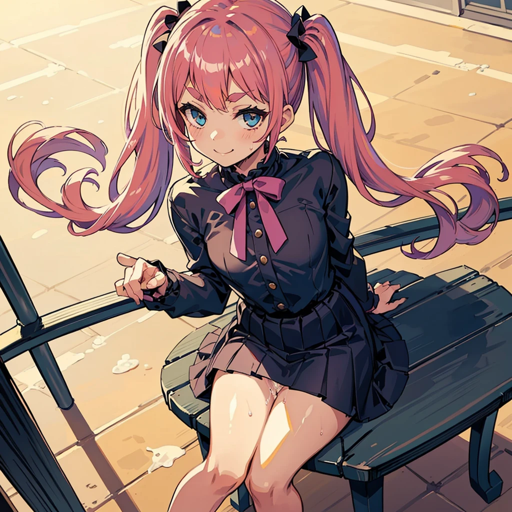 Girl with pink hair, long twintail hairstyle, ((small bushy eyebrows)), wearing gothic lolita clothing, lolicon , walking to school, flirty smile,, bored look, bored face,, (sitting with legs open lifting her skirt to show her vagina wet with semen), sitting  missionary sex , male pov, looking from above view
