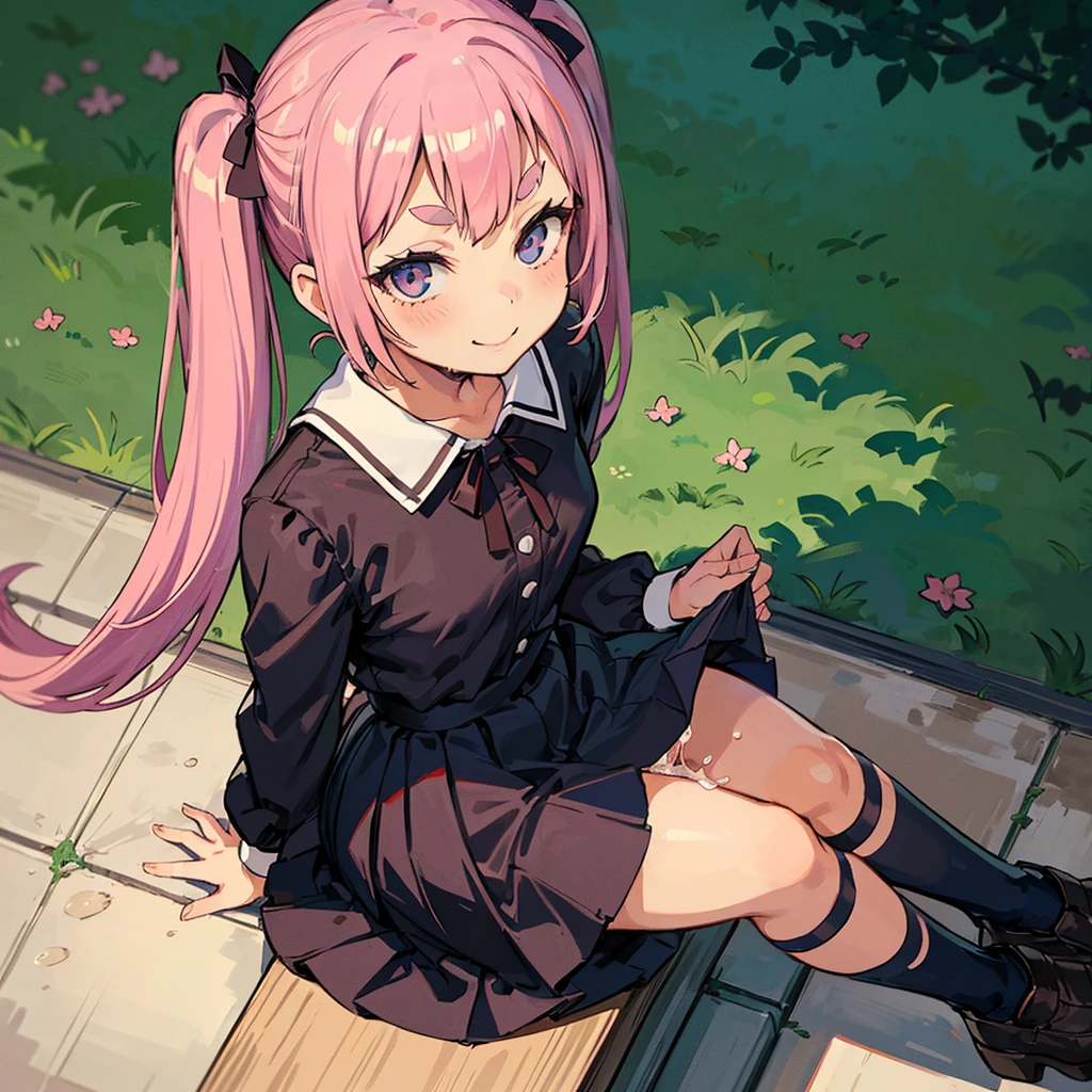 Girl with pink hair, long twintail hairstyle, ((small bushy eyebrows)), wearing gothic lolita clothing, lolicon , walking to school, flirty smile,, bored look, bored face,, (sitting with legs open lifting her skirt to show her vagina wet with semen), male pov, looking from above view