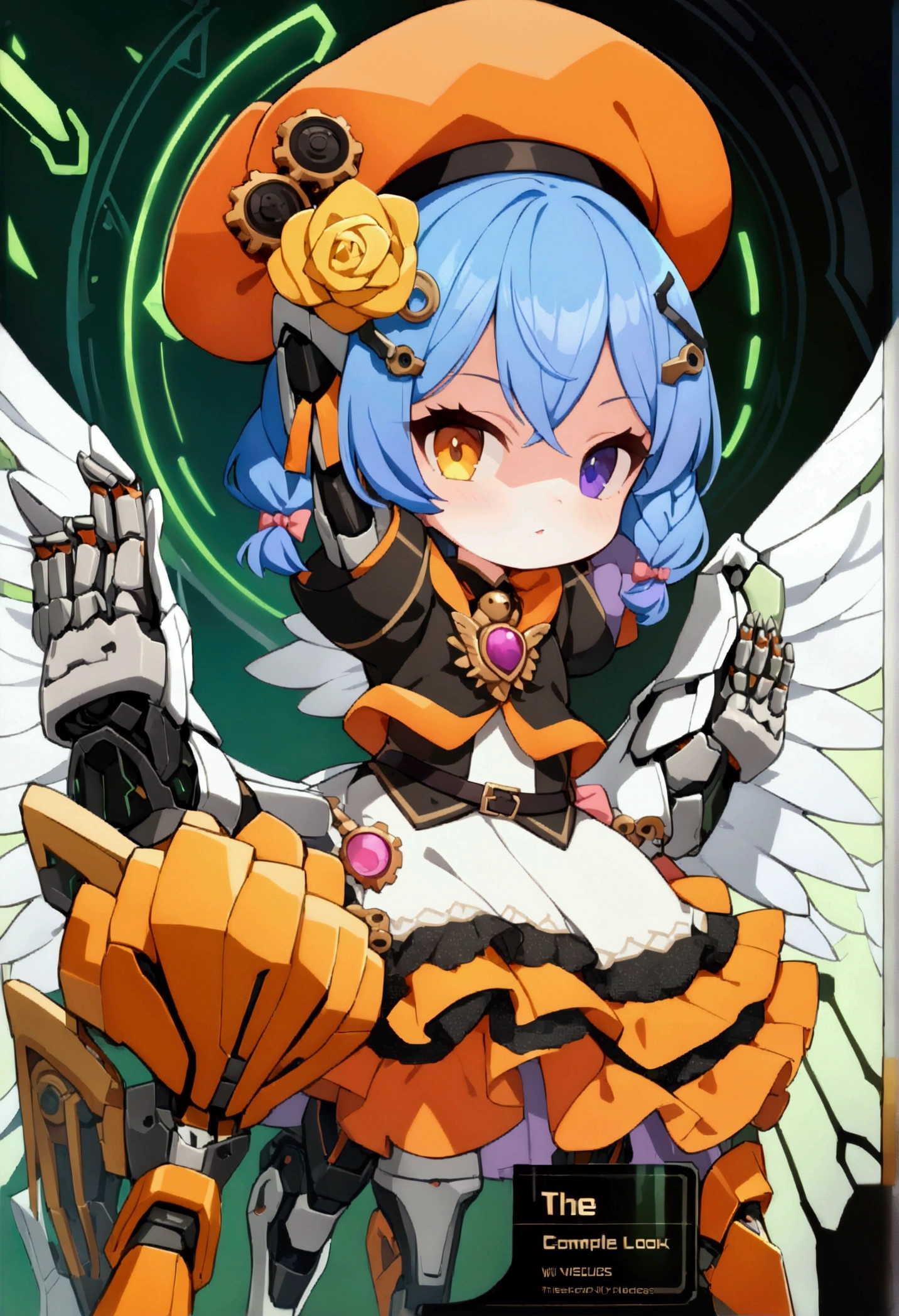 woman 160cm tall, slim build, , charming look, ((heterocromia: look like, derecho naranja y look like izquierdo violeta)), (Shoulder Length Wavy Gray Hair, a short braid on the left side of the hair, big open bangs, golden gear hairpin in hair), (((complex mechanical legs up to the hip, The legs are black with gray parts with small pink details))), (((complex mechanical arms up to the elbows, The arms are black with gray parts with small pink details))), (complex white mechanical angel wings with pastel green parts), (elegant black French beret with an orange rose ribbon), (elegant thigh-length one-piece dress, short bell skirt with small gear ribbons, short sleeves, elegant black hip belt with orange parts, small rose brooch in the middle of the bust, beautiful mechanical stiletto heels), (((character design sheet: Full body front view))), extremely detailed beautiful hair, beautiful detailed dress, extremely detailed arms, extremely detailed face, (Extremely detailed hands), perfect hands, small face, hermosos look likes detallados, beautiful detailed lips, adorable, extremely detailed legs, (Best Quality, 8k, Ultra resolution), ultra detailed, Exquisite and epic character art, ((Pastel yellow background)), (Focus on symmetry), (extremely detailed wings).