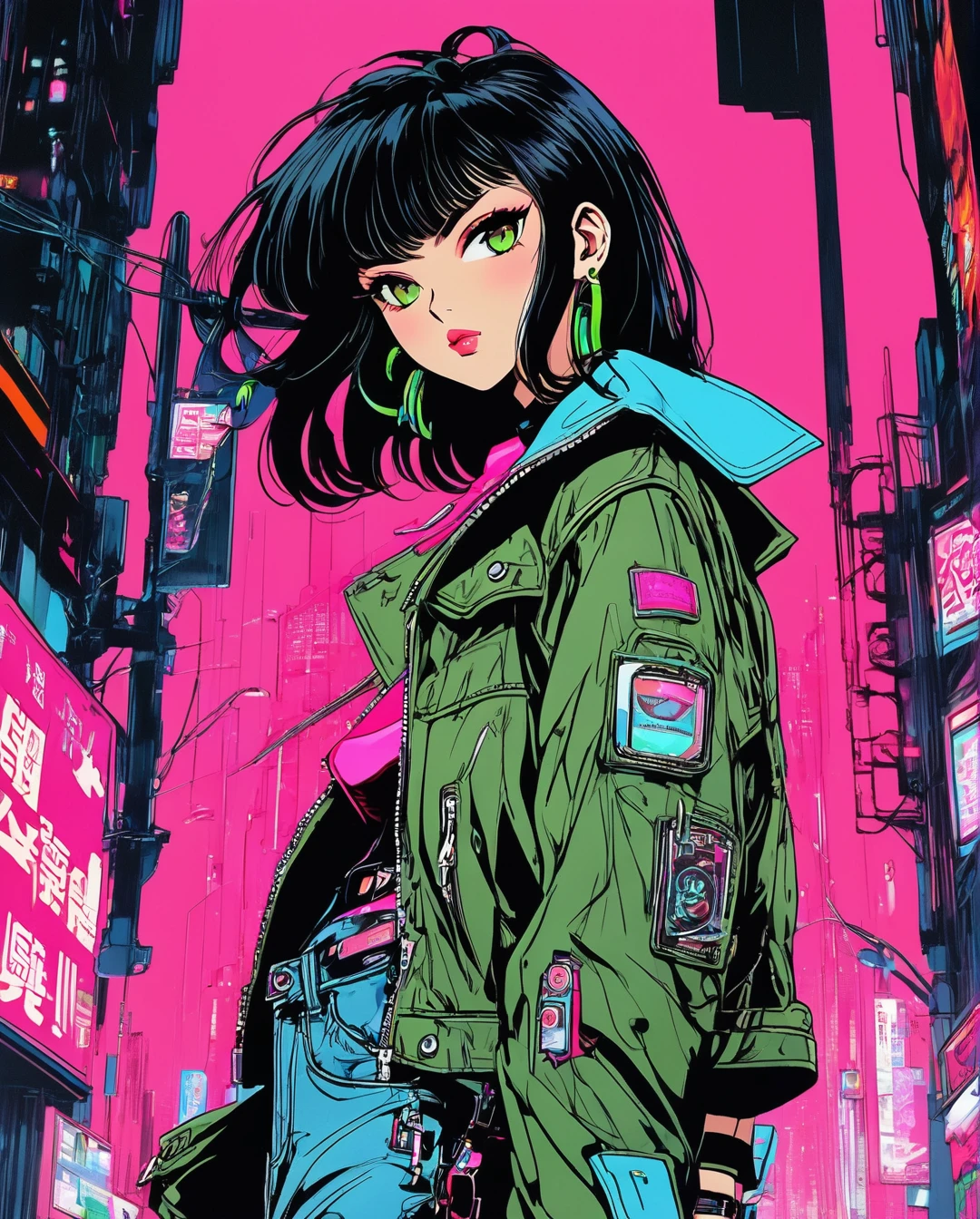 Japanese Anime，Second Dimension，Horror style，horror character，(((TA mysteriously beguiling cyberpunk woman, her smooth black hair falls in a sleek cascade framing striking brown eyes, accentuated by a set of bold bangs. Clad in a stylish leather jacket over a vibrant pink t-shirt and light blue denim jeans, she exudes an air of retro-futuristic coolness. The 80's cyberpunk background serves as a perfect complement to her edgy aesthetic. This captivating portrait, whether a painting or photograph, is rich in detail, capturing every nuance of her enigmatic allure with extraordinary precision and artistry.)).(((Thin waist，Green belt：1.6))).Pure pink background