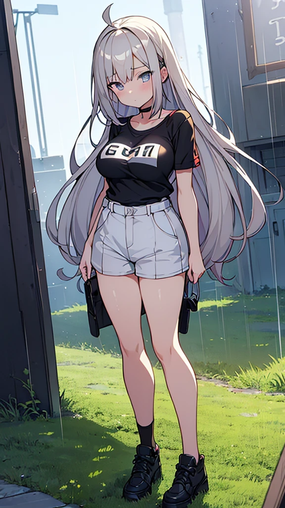 Full body image, front, One girl, 18-year-old, Mix 4, (32K, RAW Photos, Highest quality, masterpiece:1.2), (Anime-like, photoAnime-like:1.37), cute, Short sleeve T-shirt,Shorts,Black knee socks, night, rain, Humidity, Professional Lighting, Photon Mapping, Radio City, Physically Based Rendering, Super Resolution, (Big Breasts:1.2), {{The biological weapon that had preyed on the younger sister took her place and reunited with the older brother, The rebellious little sister has become the obedient little sister}}, Girl Skull, whole body, NSFW
