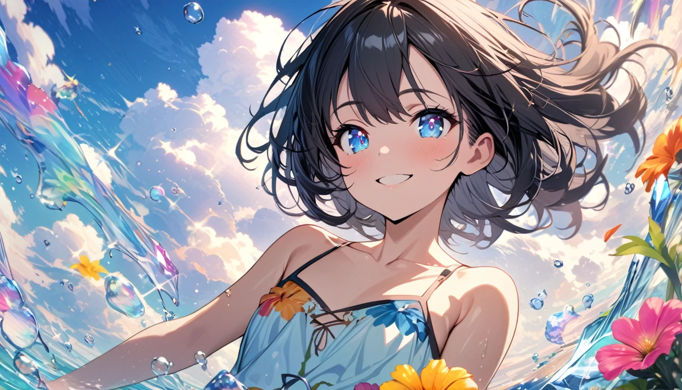 (8k、Highest quality、Highest quality、masterpiece)、Detailed face、One Girl、 Black Hair、short hair、Twin tails、Look down on me、Wicked Smile、((Grin))、Small breasts、((White camisole))、((Blue Skirt))、