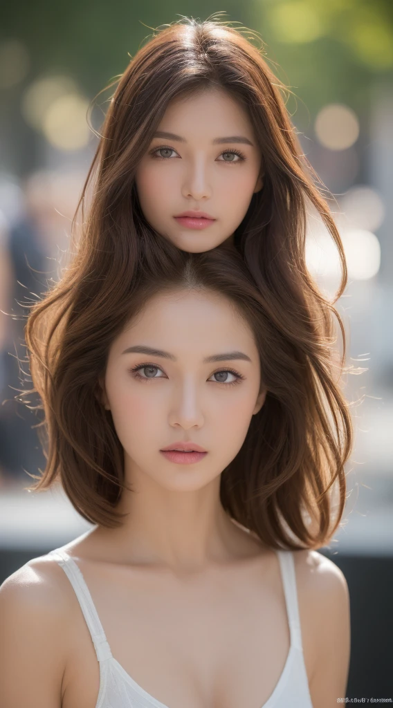 (Highest quality、8k、masterpiece:1.3))、Sharp focus:1.2、Beautiful woman with perfect style:1.4、Slim Abs:1.2、((Dark brown hair、usually:1.2))、(Natural soft light、big:1.1)、Highly detailed face and skin texture、Detailed eyes、double eyelid、White underwear、Shooting in the city,