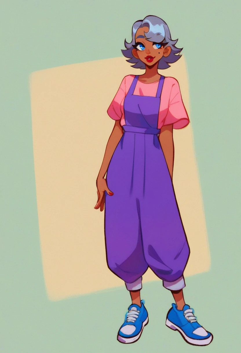 barbara, 1girl, full body, solo, blue eyeshadows, blue eyes, red lipstick, big red lips, puffy grey hair, pink shirt with a light pink apron, purple pants, blue shoes, semi-dark skin, mole on right cheek, middle aged-woman